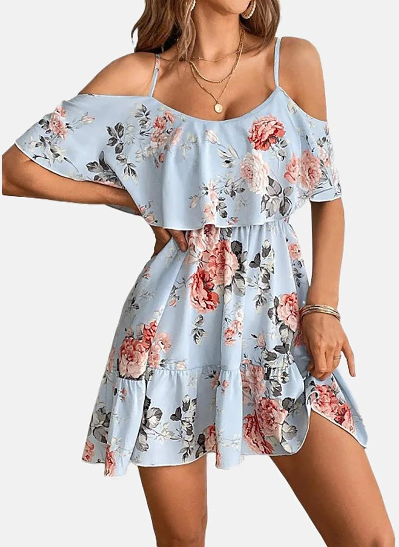 YUNIQEE Blue Floral Sleeveless Tie-up Mini Fit & Flare Dress