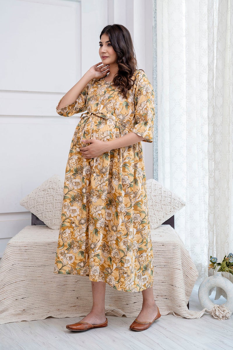 NOZ2TOZ Cream Printed Maternity Dress for Women - Image 1