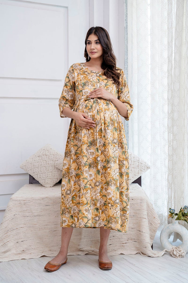 NOZ2TOZ Cream Printed Maternity Dress for Women - Image 2