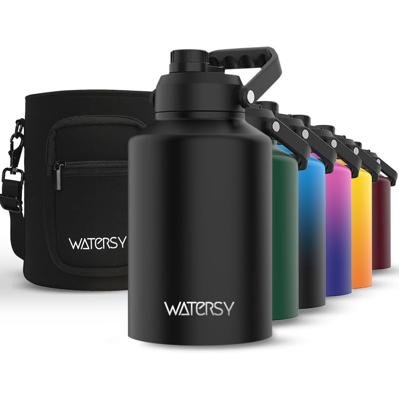 WATERSY 1 Gallon Water Bottle InsulatedCold for 48 HrsBPA FreeLeak Proof128oz Stainless Steel Water Jug with Handle for GymHikingCampingTravelBlack Large Thermo