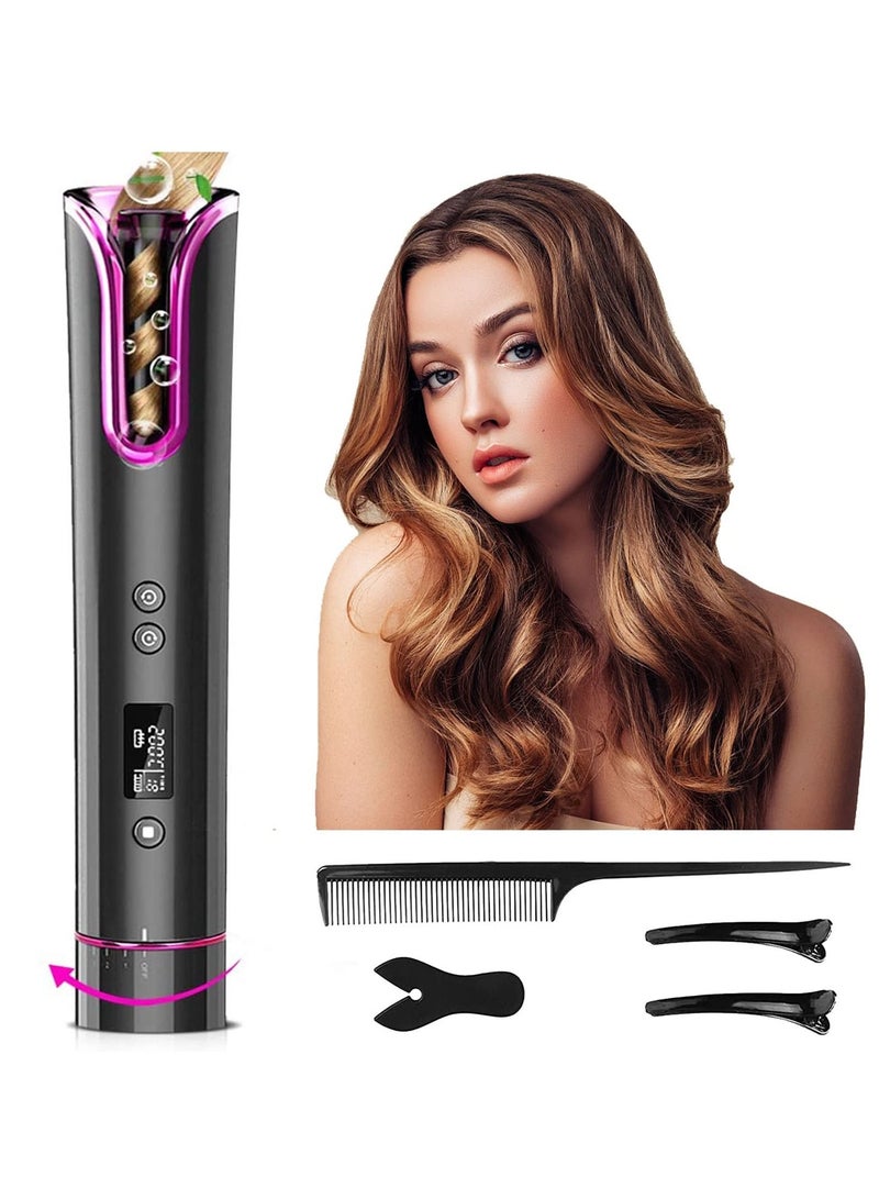Curling Iron, Cordless Automatic Iron Fast Heating Ceramic Barrel Adjustable Temperature with LCD Display, Portable Home Travel Styler (Gray) - Image 1