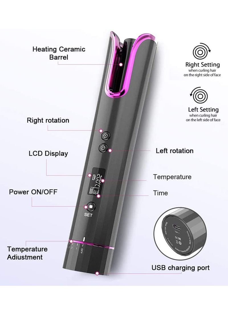 Curling Iron, Cordless Automatic Iron Fast Heating Ceramic Barrel Adjustable Temperature with LCD Display, Portable Home Travel Styler (Gray) - Image 2