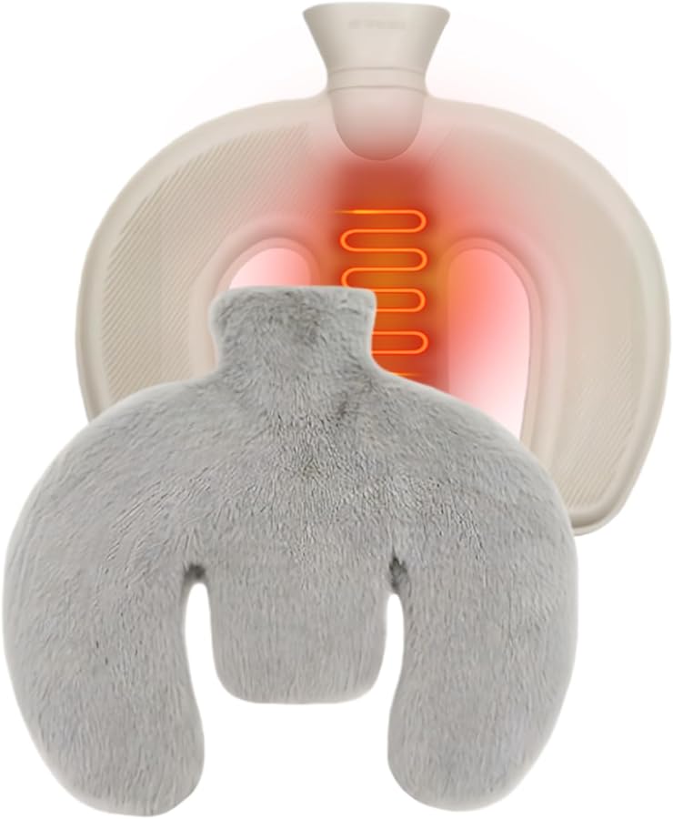 Gray U Shape Hot Water Bottle 1L Heating Pad with Soft Cover for Neck Body Warmth Support - Image 1