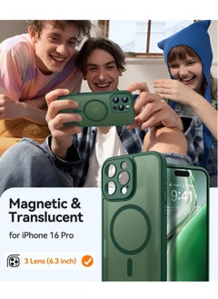 ESCASE Magnetic Cover for iPhone 16 Pro 6.3 Inch, MagSafe Compatible, Full Camera Protection, Translucent Matte Slim Protective Shockproof Case, Green  - Image 2