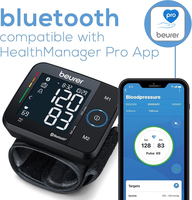 Beurer BC54 Wrist Blood Pressure Monitor with Bluetooth Irregular Heartbeat Detector Risk Indicator Accurate Large Display and Travel Case Wrist Cuff up to 120 Memory Sets - Image 2