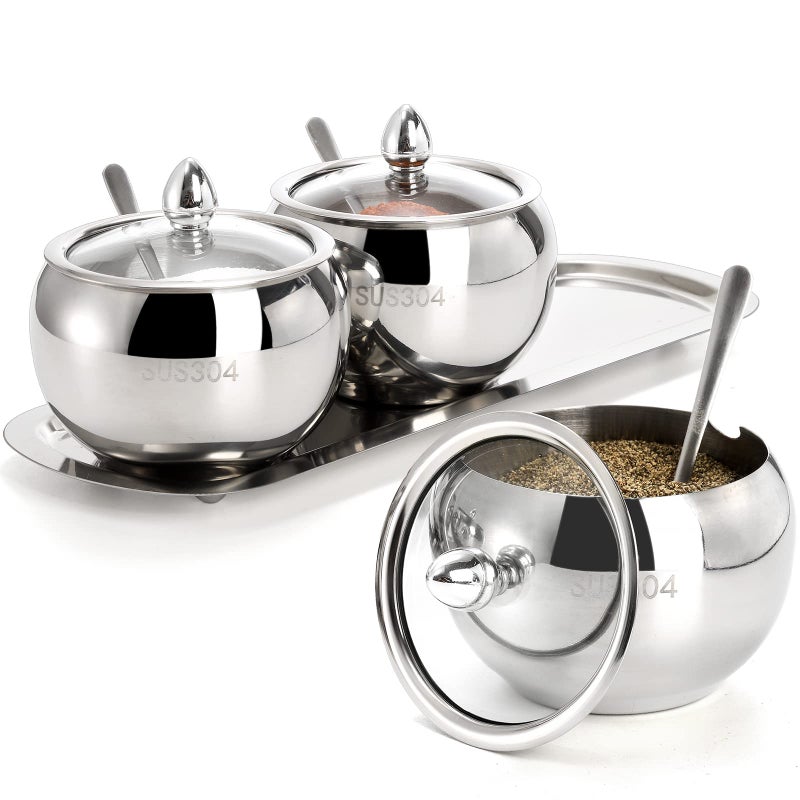 Hedume Hedume 3 Grids 304 Stainless Steel Seasoning Containers Set with Lid Spoon and Tray  Condiment Jar Spice Container  Condiment Canisters Pots for Serving Sugar  Pepper  Salt  Spice  - Image 1