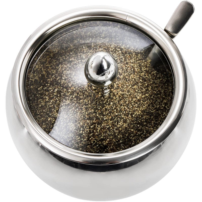 Hedume Hedume 3 Grids 304 Stainless Steel Seasoning Containers Set with Lid Spoon and Tray  Condiment Jar Spice Container  Condiment Canisters Pots for Serving Sugar  Pepper  Salt  Spice  - Image 4