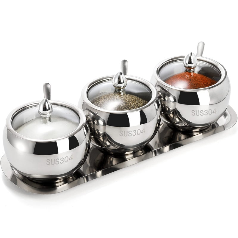 Hedume Hedume 3 Grids 304 Stainless Steel Seasoning Containers Set with Lid Spoon and Tray  Condiment Jar Spice Container  Condiment Canisters Pots for Serving Sugar  Pepper  Salt  Spice  - Image 3