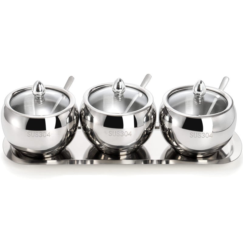 Hedume Hedume 3 Grids 304 Stainless Steel Seasoning Containers Set with Lid Spoon and Tray  Condiment Jar Spice Container  Condiment Canisters Pots for Serving Sugar  Pepper  Salt  Spice  - Image 2