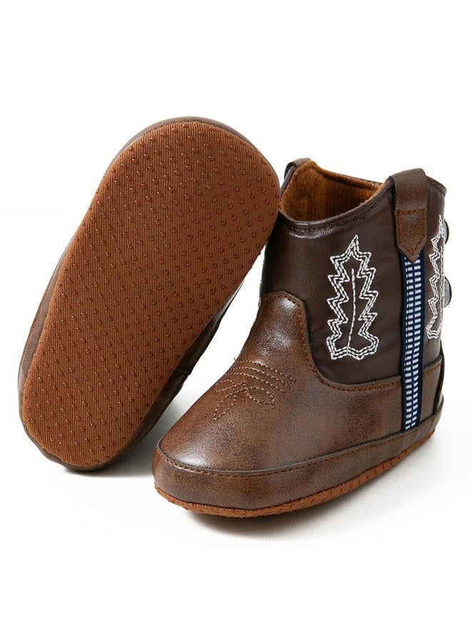 Jastore Leather Western Boots Cowboy Bootie Soft Sole Non-Slip Crib Shoes for Baby Infant Toddler, Coffee, 12-18 Months Narrow Infant - Image 1