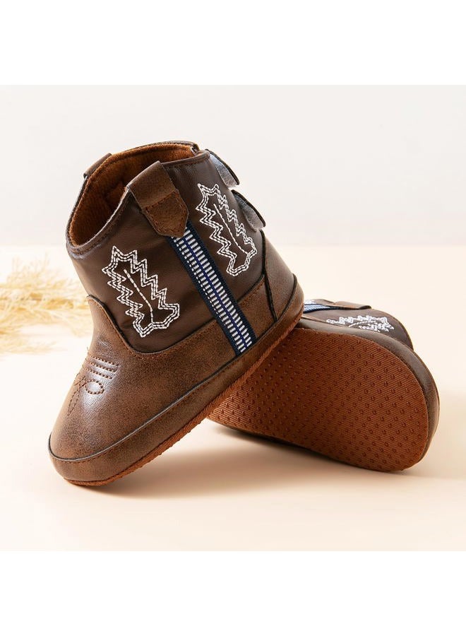 Jastore Leather Western Boots Cowboy Bootie Soft Sole Non-Slip Crib Shoes for Baby Infant Toddler, Coffee, 12-18 Months Narrow Infant - Image 3