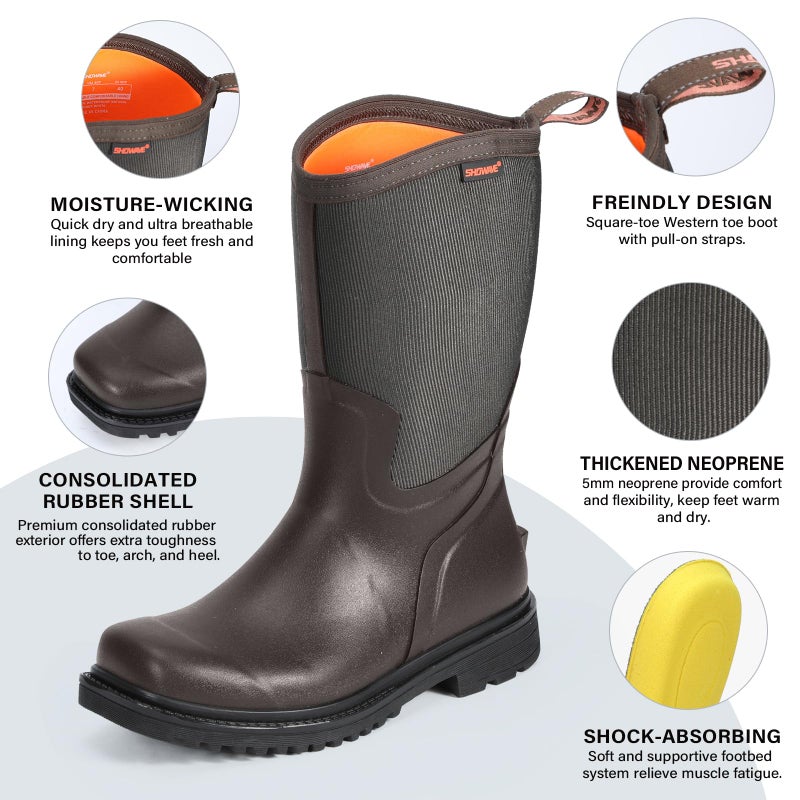 Showave Square Toe Rubber Boots for Men Insulated Rain Boots Men Waterproof Mud Boot for Gardening Farming Outdoor(Brown,Size 12) - Image 4