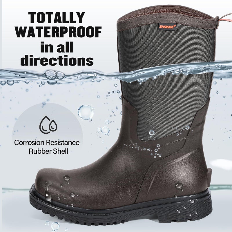 Showave Square Toe Rubber Boots for Men Insulated Rain Boots Men Waterproof Mud Boot for Gardening Farming Outdoor(Brown,Size 12) - Image 3