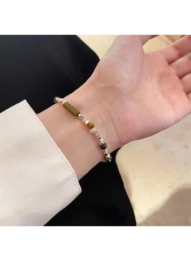 Goolsky Women's Irregular Silver Chip & Tiger Eye Beaded Bracelet - Light Luxury High-End Niche Exquisite Retro Jewelry for Fall Winter Layering - Image 5