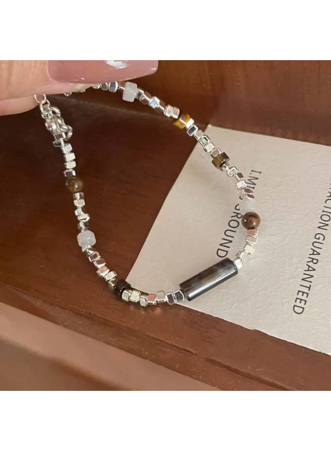 Goolsky Women's Irregular Silver Chip & Tiger Eye Beaded Bracelet - Light Luxury High-End Niche Exquisite Retro Jewelry for Fall Winter Layering - Image 4