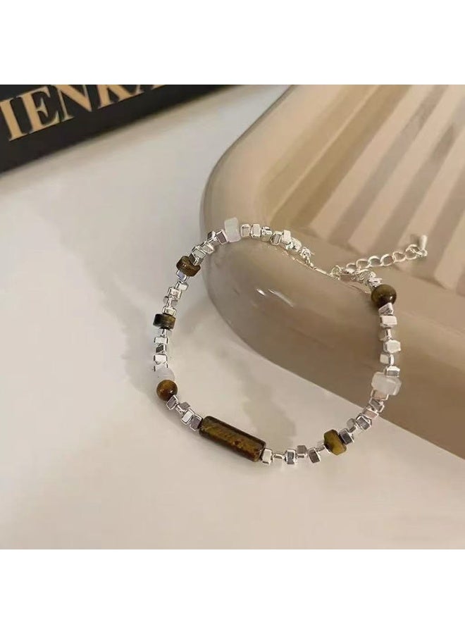 Goolsky Women's Irregular Silver Chip & Tiger Eye Beaded Bracelet - Light Luxury High-End Niche Exquisite Retro Jewelry for Fall Winter Layering - Image 1