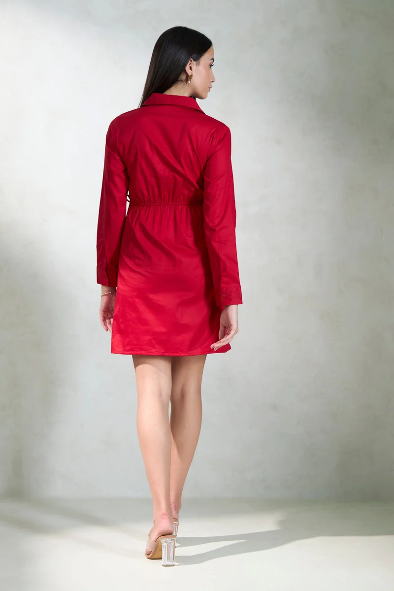 فيرجيو Cotton Stretch Daywear Red Tie Up Wrap Mini Dresses for Women