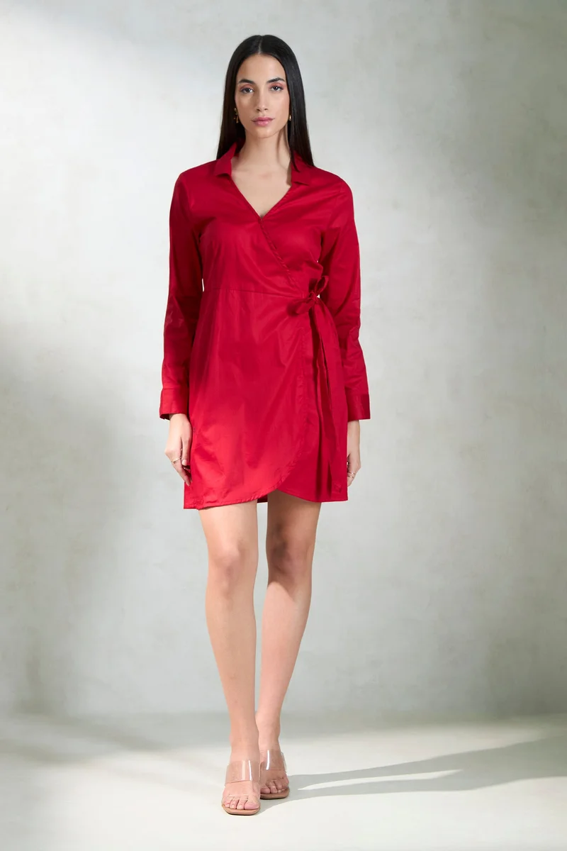 فيرجيو Cotton Stretch Daywear Red Tie Up Wrap Mini Dresses for Women