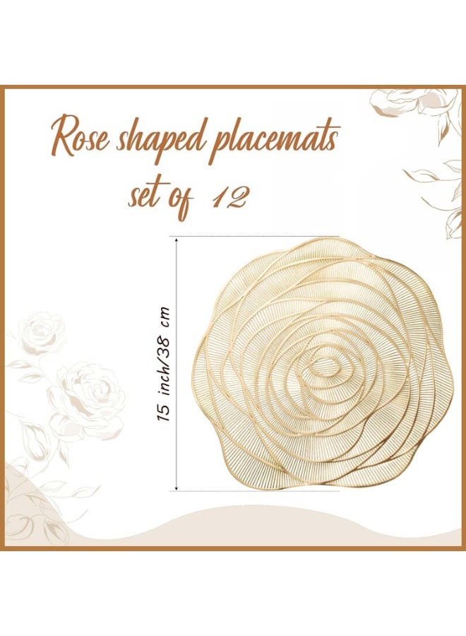 اوراکس 12 قطعة من الذهب جوف على شكل وردة PVC فينيل Placemats ، مقاومة للماء قابل للغسيل قابل للمسح مقاومة للحرارة ، كأس الوعاء الحصاري ، للمطبخ طاولة الطعام الكتان ديكور حفل الزفاف (38 سم) - Image 2