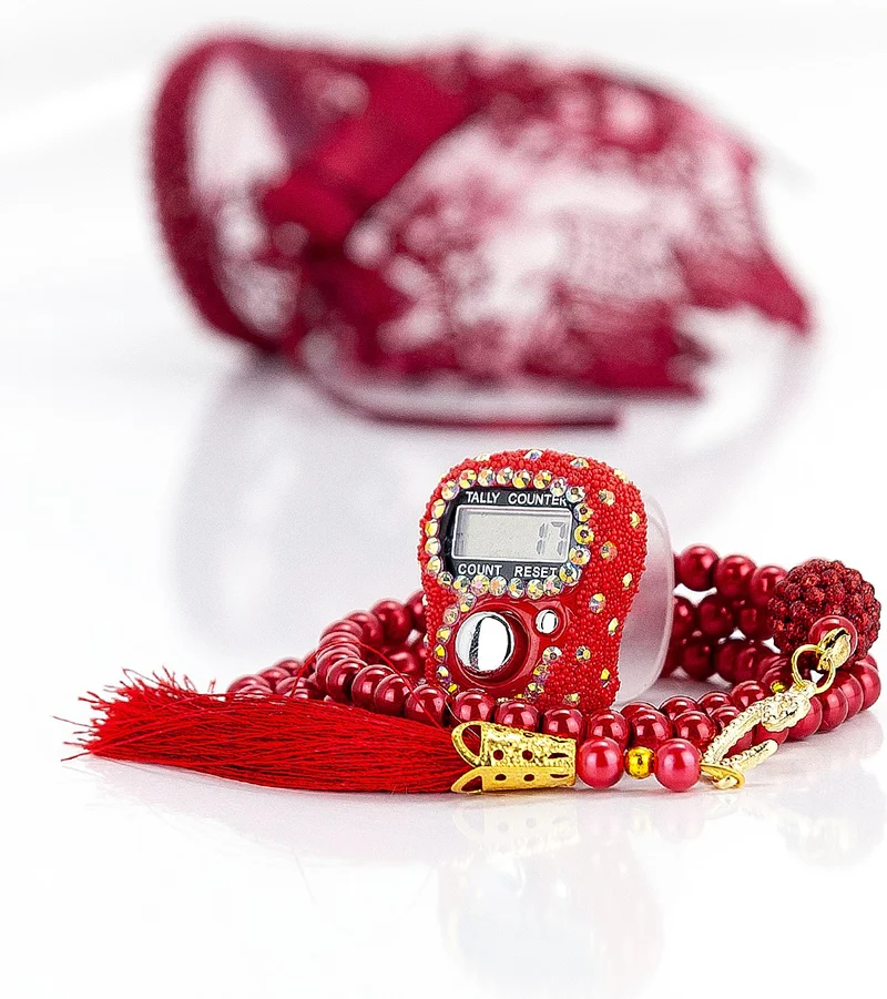 İhvan Online Ihvan Online Special Box with Zikirmatik and Pearl Prayer Beads Mevlid Gift Set Claret Red