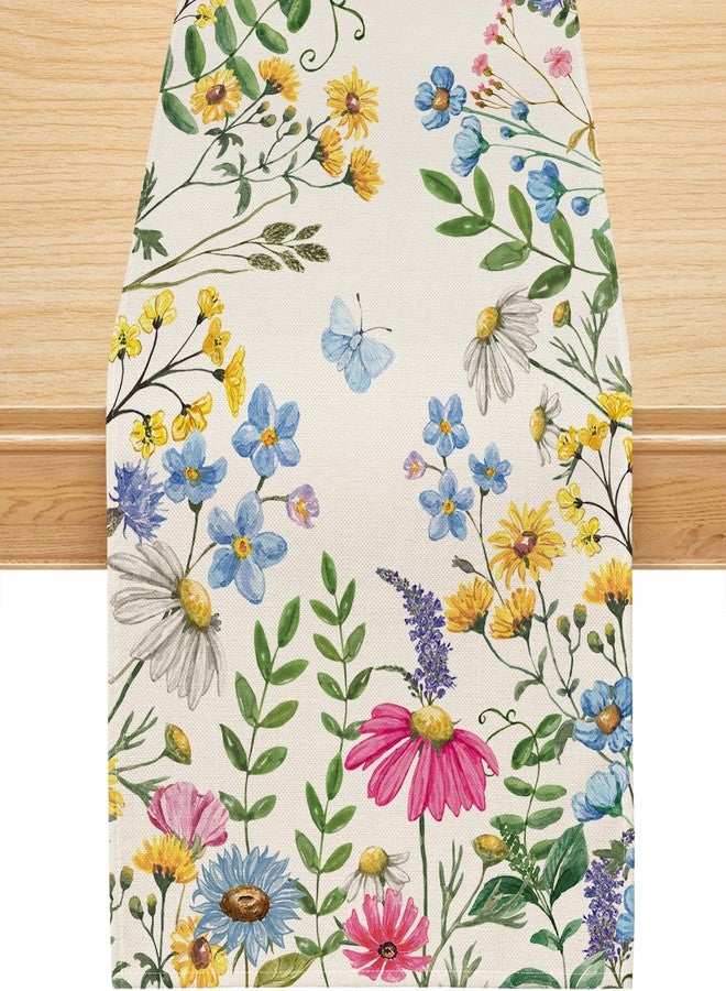 Siilues Spring Table Runner, Colorful Wildflowers Floral Butterfly Spring Runner for Table Watercolor Table Decoration Seasonal Summer Farmhouse Home Party Kitchen Dining Table Decor 13x60 Inch - Image 1