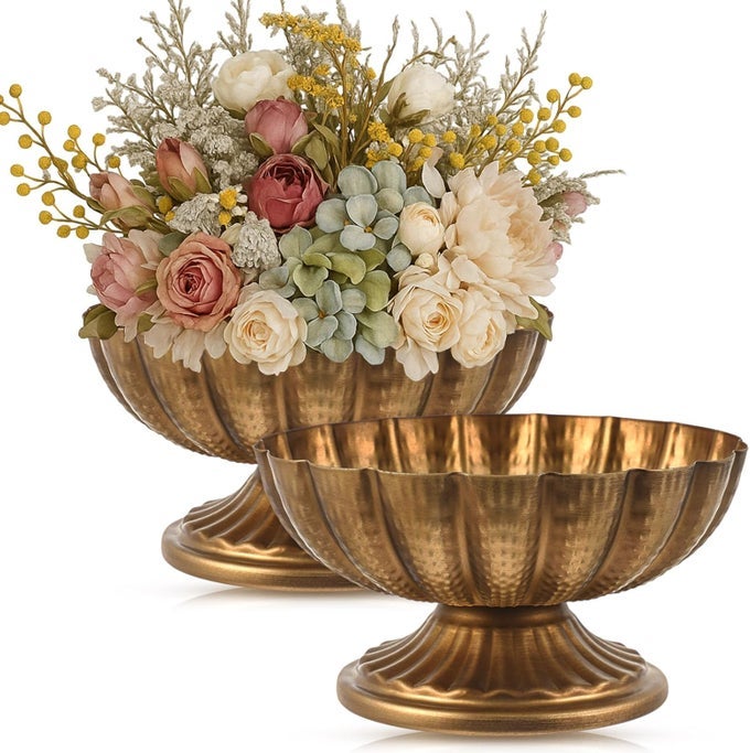 2 PCS METAL COMPOTE BOWL FOR CENTERPIECE FLOWER HOLDER 7 INCH COMPOTE VASE INDOOR OUTDOOR FLOWERS FRUITS PLANT FOR CHRISTMAS WEDDING HOME PARTY DECORATION GOLD BRONZE
