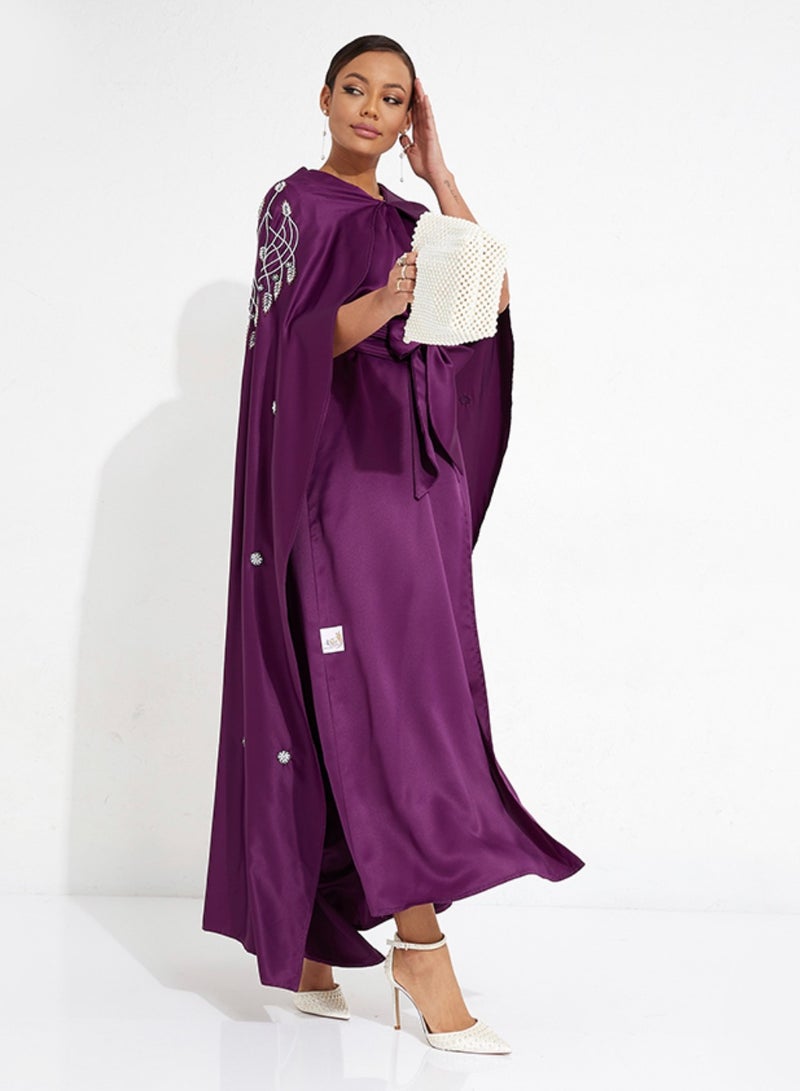 Rosette Abaya Purple Pearl Embroidery Flowing Sleeves - Image 4
