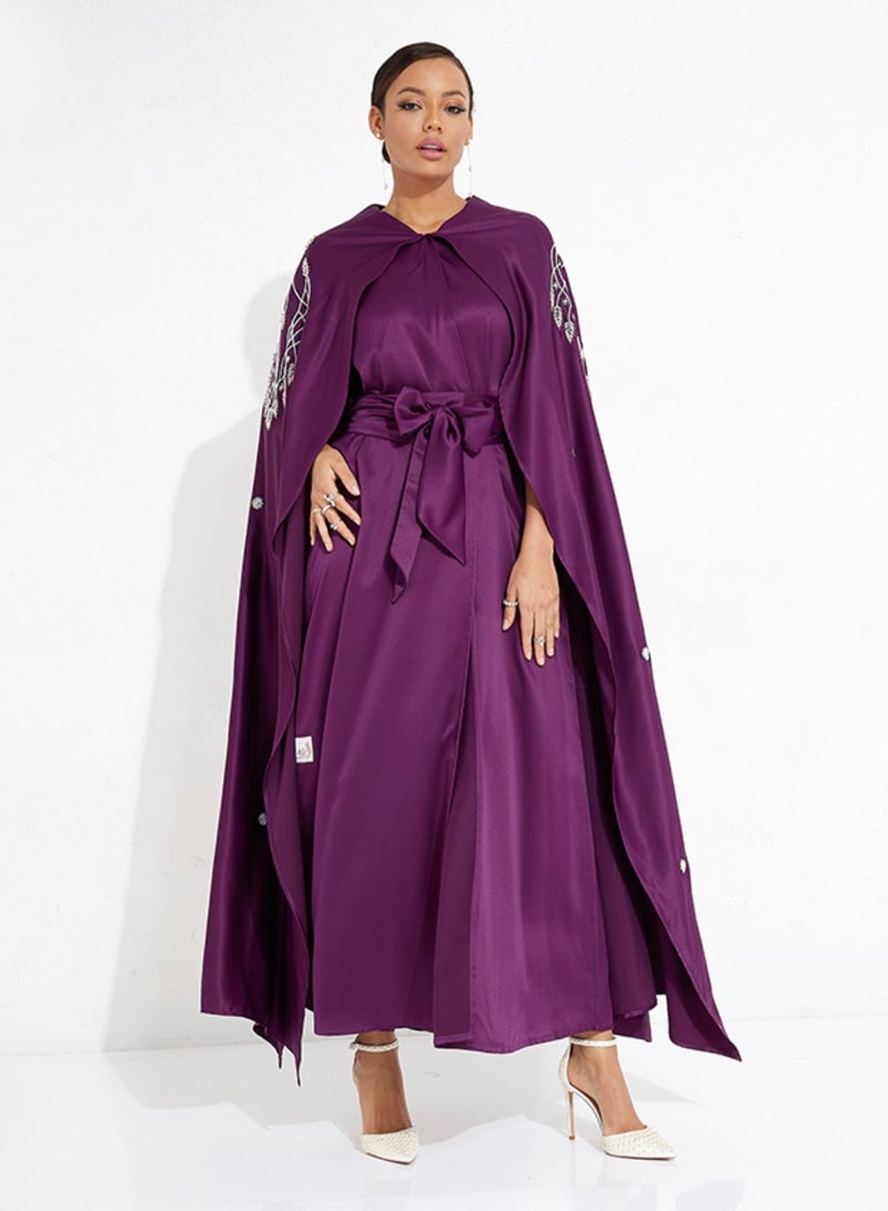 Rosette Abaya Purple Pearl Embroidery Flowing Sleeves - Image 1