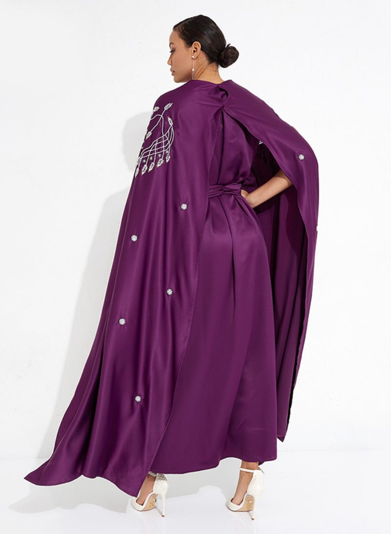 Rosette Abaya Purple Pearl Embroidery Flowing Sleeves - Image 3