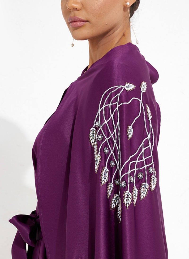 Rosette Abaya Purple Pearl Embroidery Flowing Sleeves - Image 2