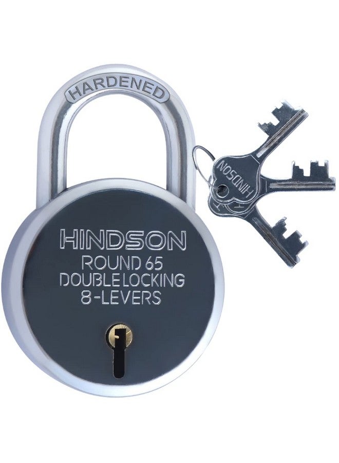 HINDSON Round 65mm Lock and Key Door Lock for Home, Gate, Shutter | 3 Key 8 Lever Silver Finish | Hardened Pack 1 - Image 1