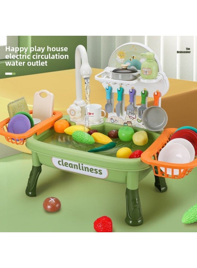 Children's Dishwasher Table Toy Sink Basin Faucet Cycle Electric Play House Kitchen Girl A Generation Of Hair-Color:Medium Green 23 Piece Set - Image 2