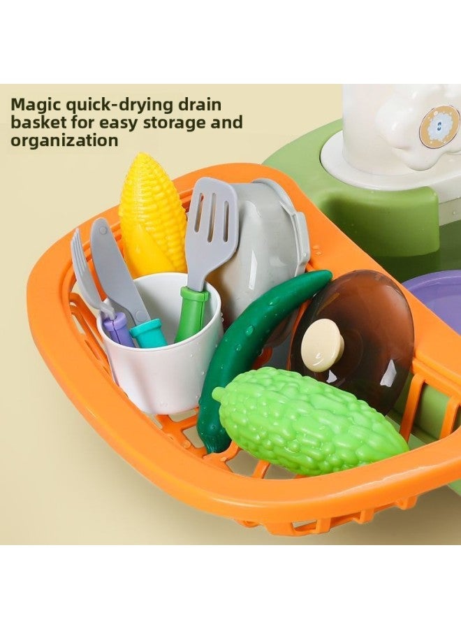 Children's Dishwasher Table Toy Sink Basin Faucet Cycle Electric Play House Kitchen Girl A Generation Of Hair-Color:Medium Green 23 Piece Set - Image 5