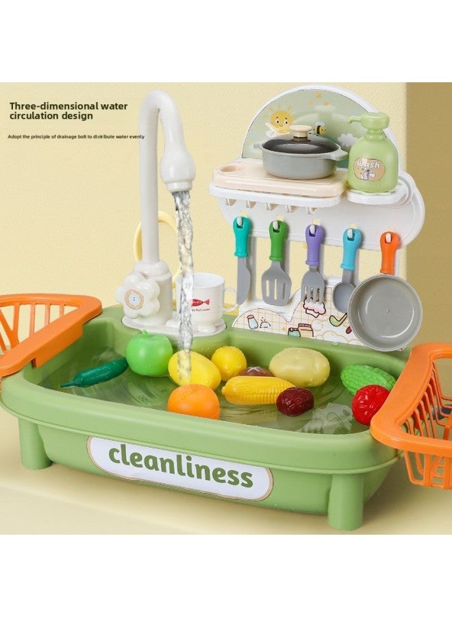 Children's Dishwasher Table Toy Sink Basin Faucet Cycle Electric Play House Kitchen Girl A Generation Of Hair-Color:Medium Green 23 Piece Set - Image 3