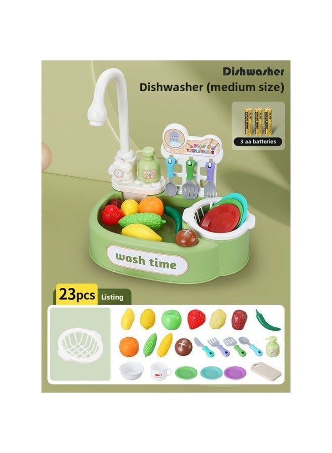 Children's Dishwasher Table Toy Sink Basin Faucet Cycle Electric Play House Kitchen Girl A Generation Of Hair-Color:Medium Green 23 Piece Set - Image 1