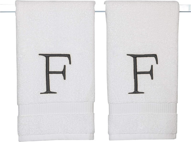Decorvo Dark Gray Monogrammed Hand Towel for Bathroom - Initial Hotel Quality Decorative Embroidered Luxury Towel for Powder Room  Spa - GOTS Organic Certified - Set of 2 Letter F  - Image 1