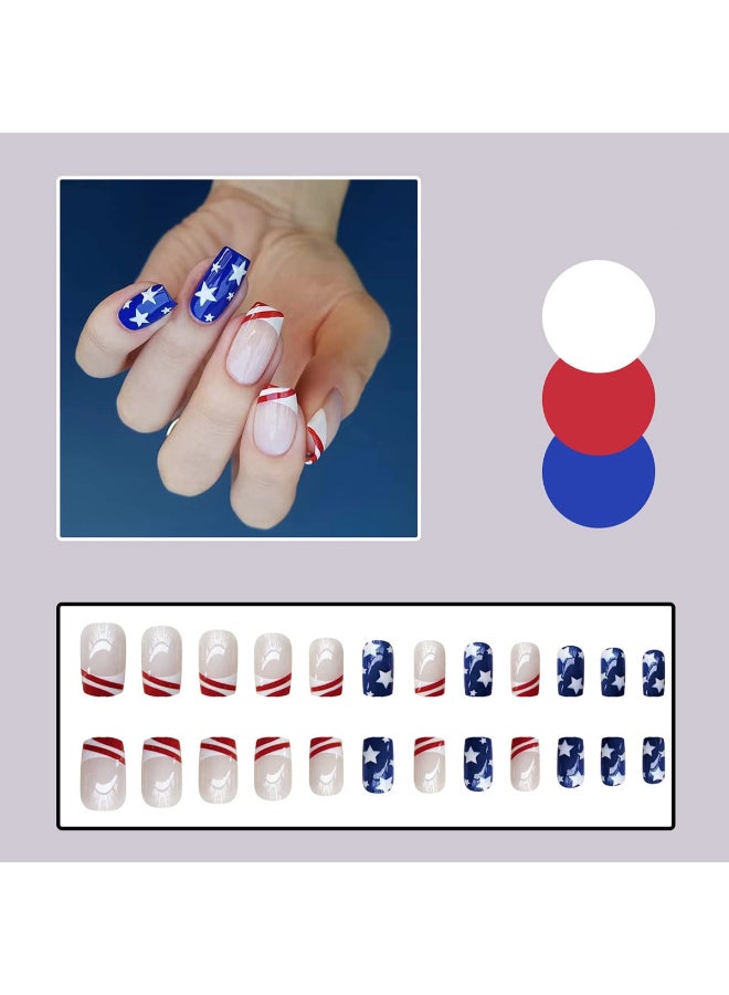 LRKNNO Independence Day Press on Nails Short Fake Nails 4th of July Nails Tip Full Cover Glue on Nails Flag Star Glossy Design Acrylic False Nails Red Blue Stick on Nails for Women Patriotic Nail Decor 24Pcs - Image 4