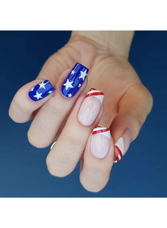 LRKNNO Independence Day Press on Nails Short Fake Nails 4th of July Nails Tip Full Cover Glue on Nails Flag Star Glossy Design Acrylic False Nails Red Blue Stick on Nails for Women Patriotic Nail Decor 24Pcs - Image 2