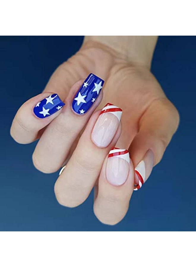 LRKNNO Independence Day Press on Nails Short Fake Nails 4th of July Nails Tip Full Cover Glue on Nails Flag Star Glossy Design Acrylic False Nails Red Blue Stick on Nails for Women Patriotic Nail Decor 24Pcs - Image 1