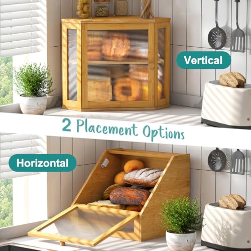 Vriccc Corner Bread Box, Bamboo Bread Box for Kitchen Countertop, 2 Tier Wooden Bread Storage (Natural, Medium) - Image 3