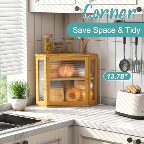 Vriccc Corner Bread Box, Bamboo Bread Box for Kitchen Countertop, 2 Tier Wooden Bread Storage (Natural, Medium) - Image 2
