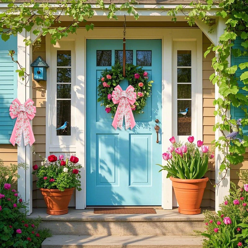 Habbiful Large Spring Bow for Wreath, Summer Wreath Bow for Front Door Pink Floral Ornament Bows for Spring Indoor Outdoor Birthday Party Home Decoration - Image 2