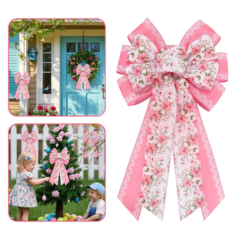 Habbiful Large Spring Bow for Wreath, Summer Wreath Bow for Front Door Pink Floral Ornament Bows for Spring Indoor Outdoor Birthday Party Home Decoration - Image 1