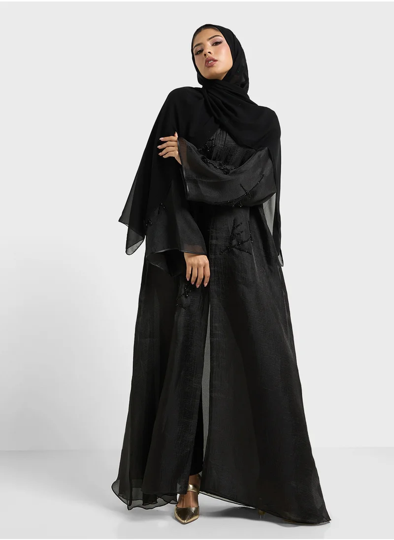 hayas closet Embellished V-Neck Mesh Detailed Abaya