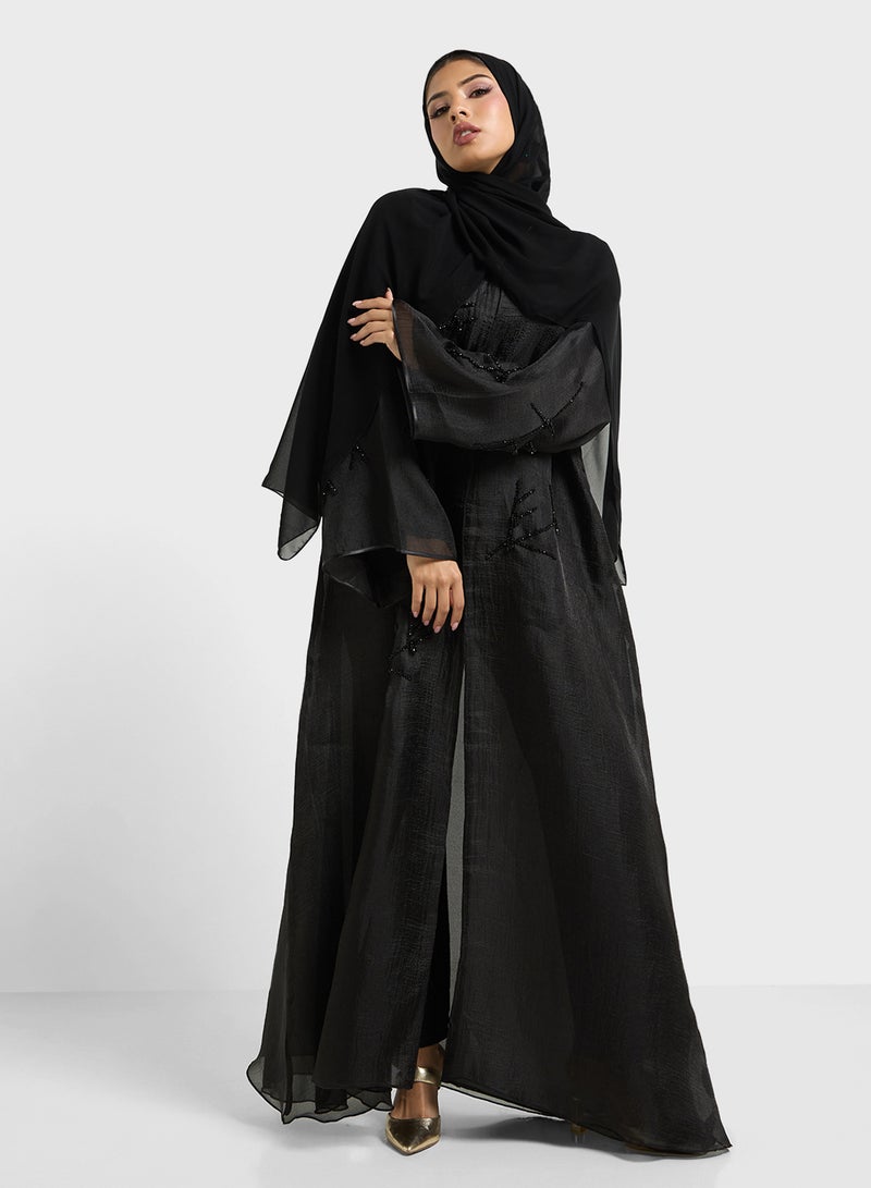 hayas closet Embellished V-Neck Mesh Detailed Abaya - Image 1