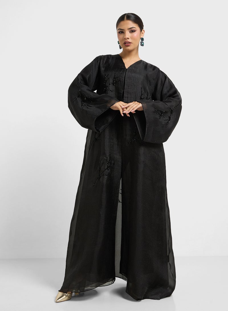 hayas closet Embellished V-Neck Mesh Detailed Abaya - Image 3