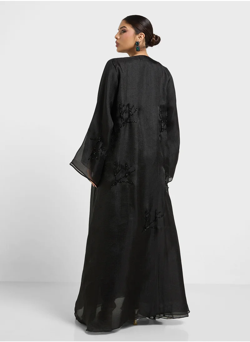 hayas closet Embellished V-Neck Mesh Detailed Abaya