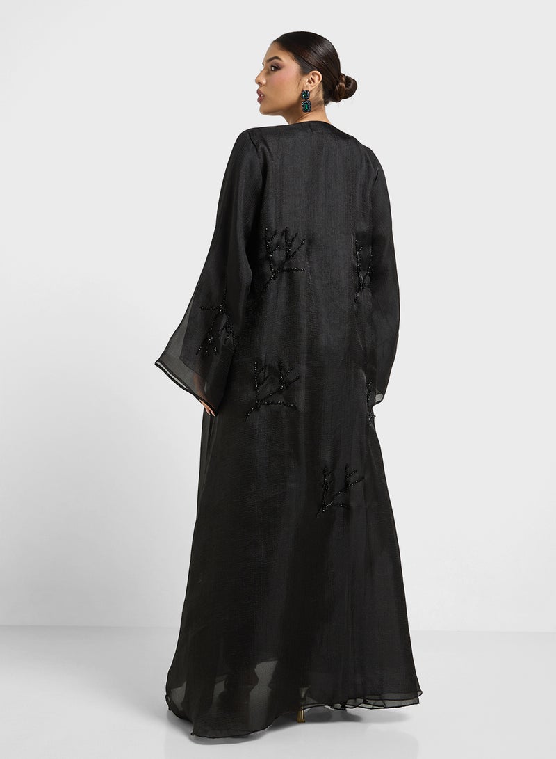 hayas closet Embellished V-Neck Mesh Detailed Abaya - Image 2