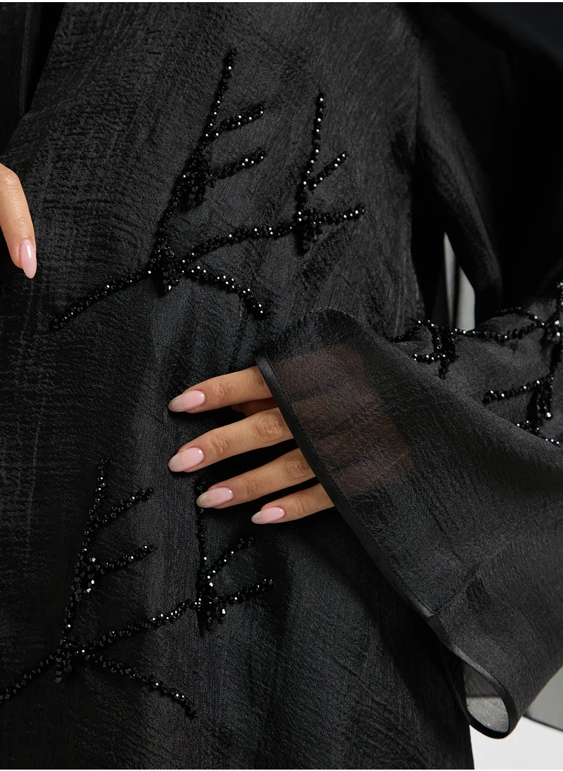 هيا كلوزيت Embellished V-Neck Mesh Detailed Abaya