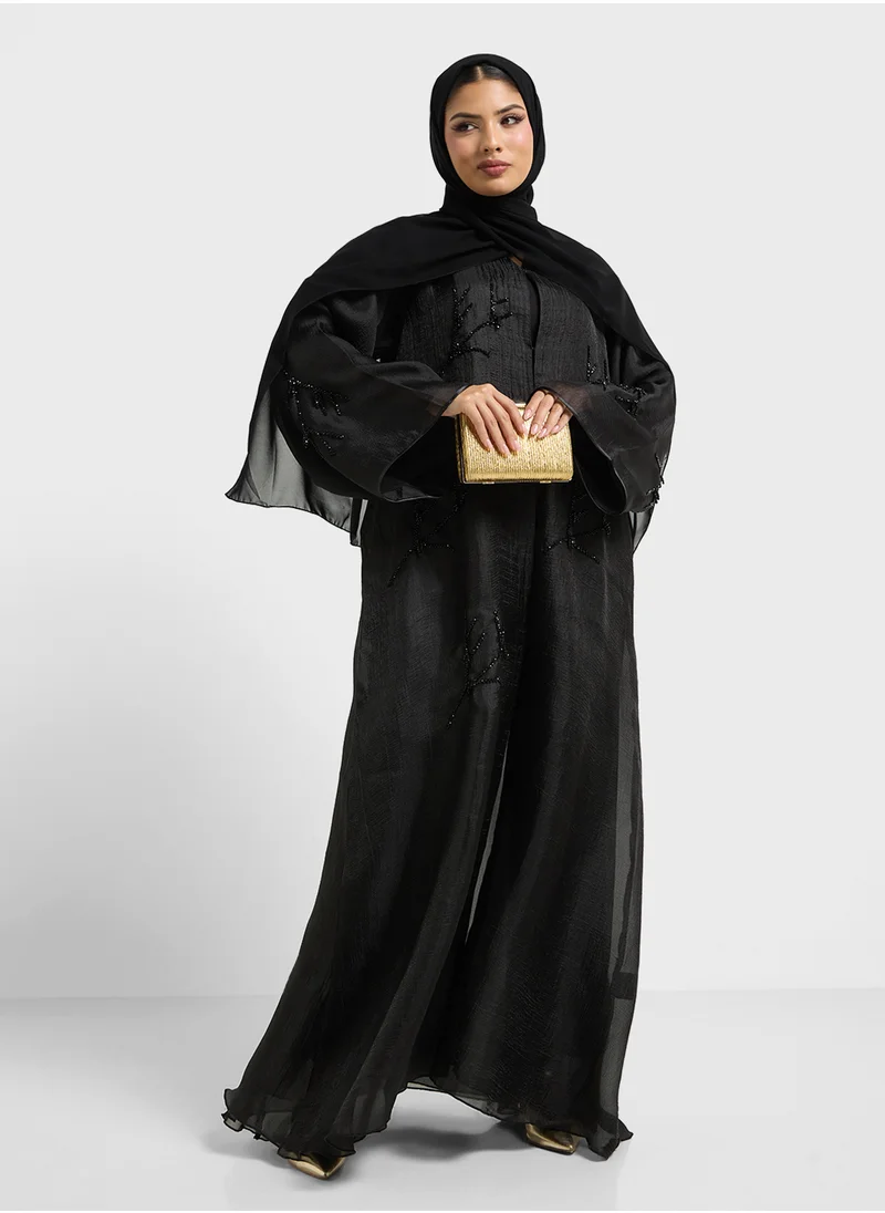 هيا كلوزيت Embellished V-Neck Mesh Detailed Abaya